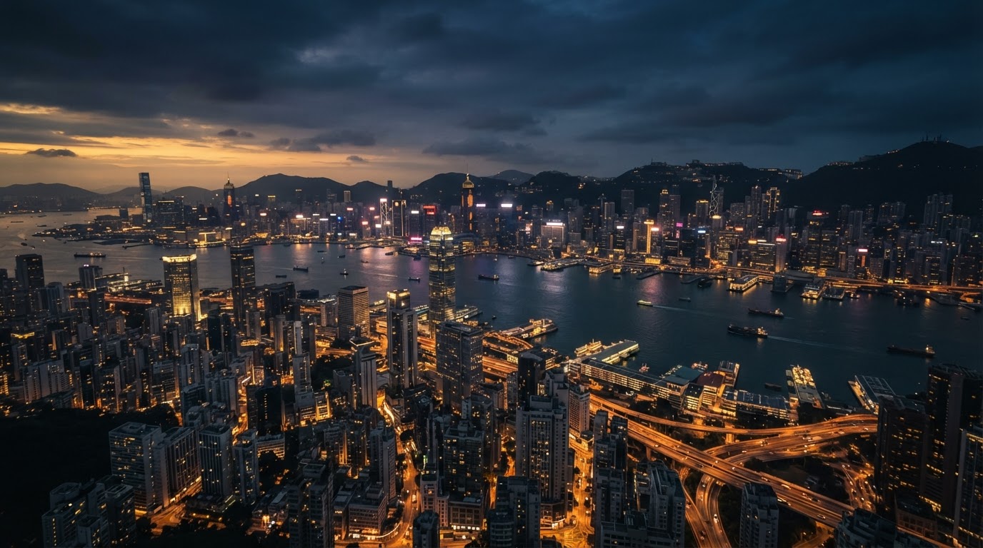 Aerial view of a global financial hub at twilight