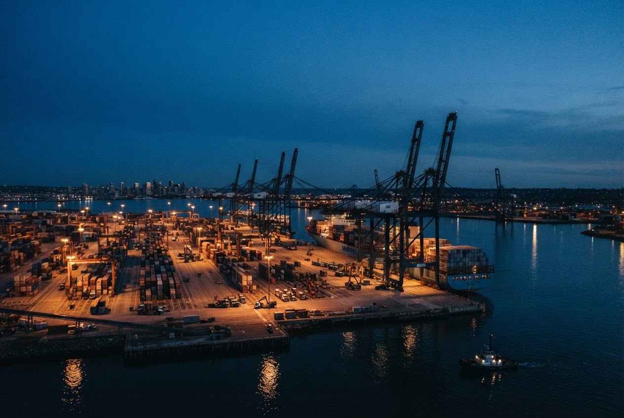 Specialized shipping port at twilight
